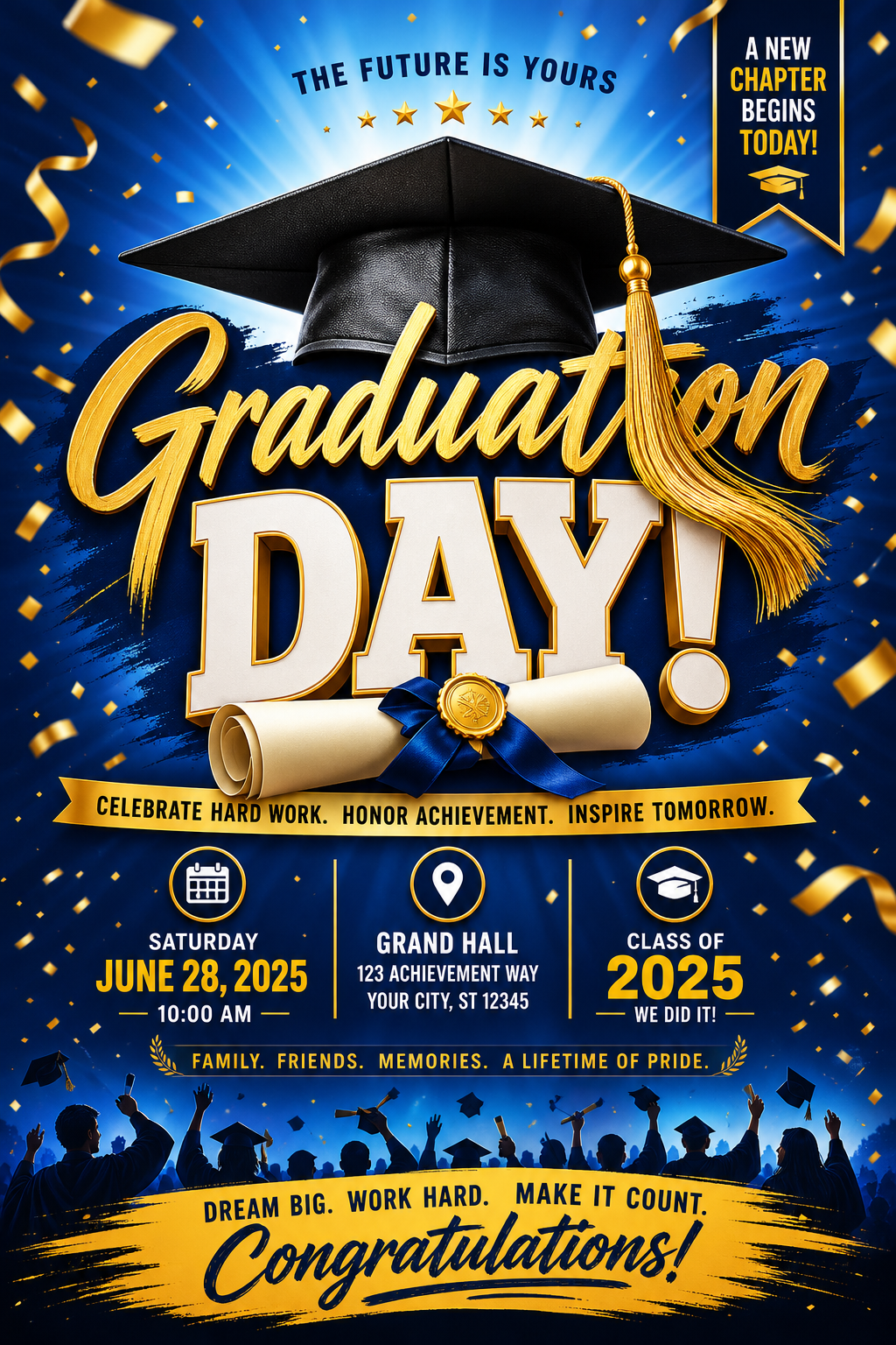 Graduation Flyer — vibrant style flyer, featuring graduation cap, diploma scroll, gold tassel, academic regalia, celebratory confetti