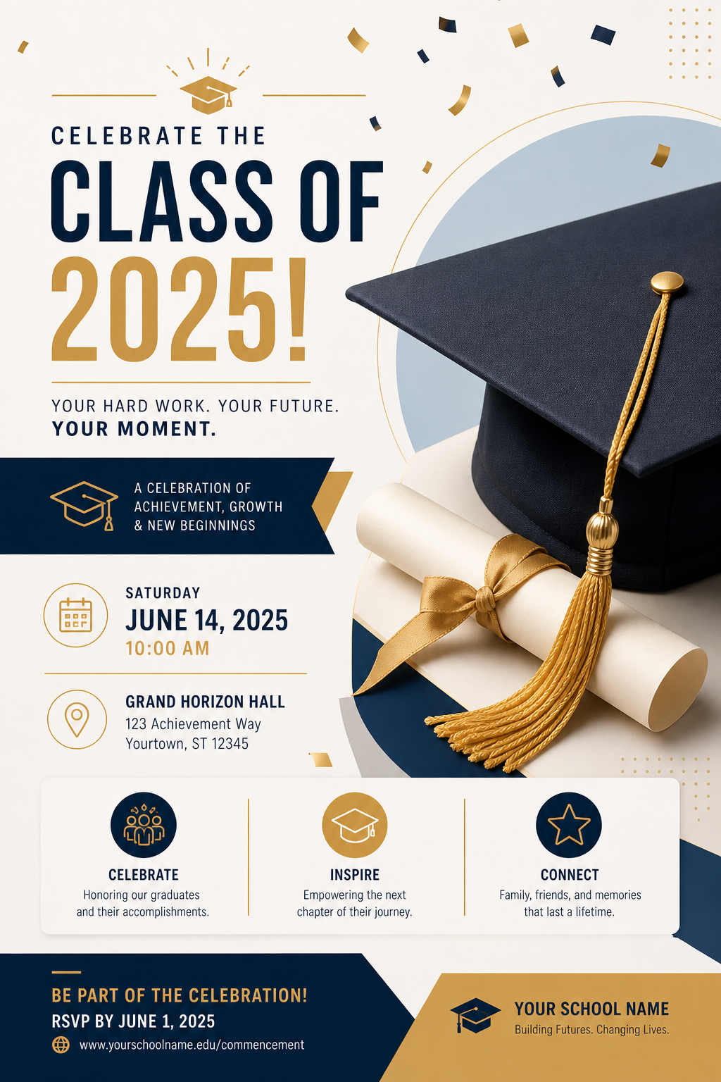 Graduation Flyer — modern style flyer, featuring graduation cap, diploma scroll, gold tassel, academic regalia, celebratory confetti