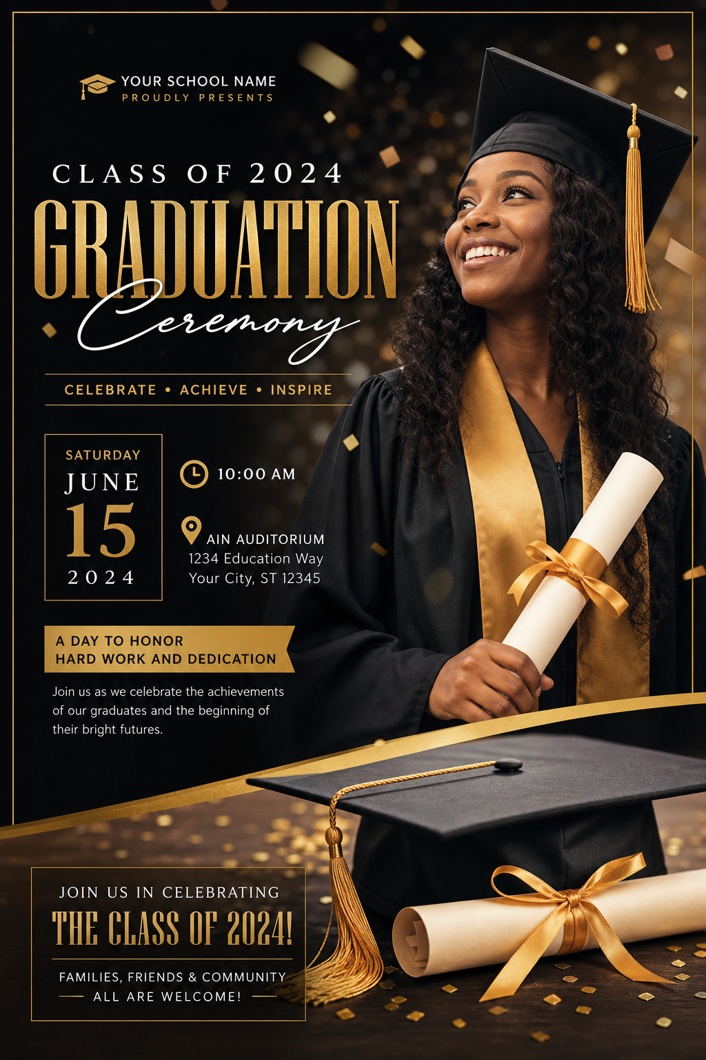 Graduation Flyer — photo-realistic style flyer, featuring graduation cap, diploma scroll, gold tassel, academic regalia, celebratory confetti