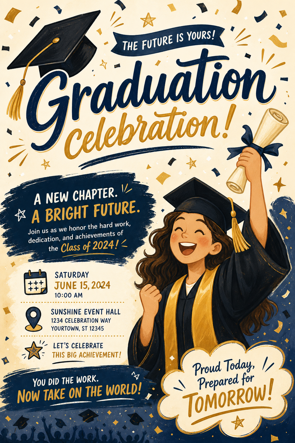 Graduation Flyer — illustration style flyer, featuring graduation cap, diploma scroll, gold tassel, academic regalia, celebratory confetti