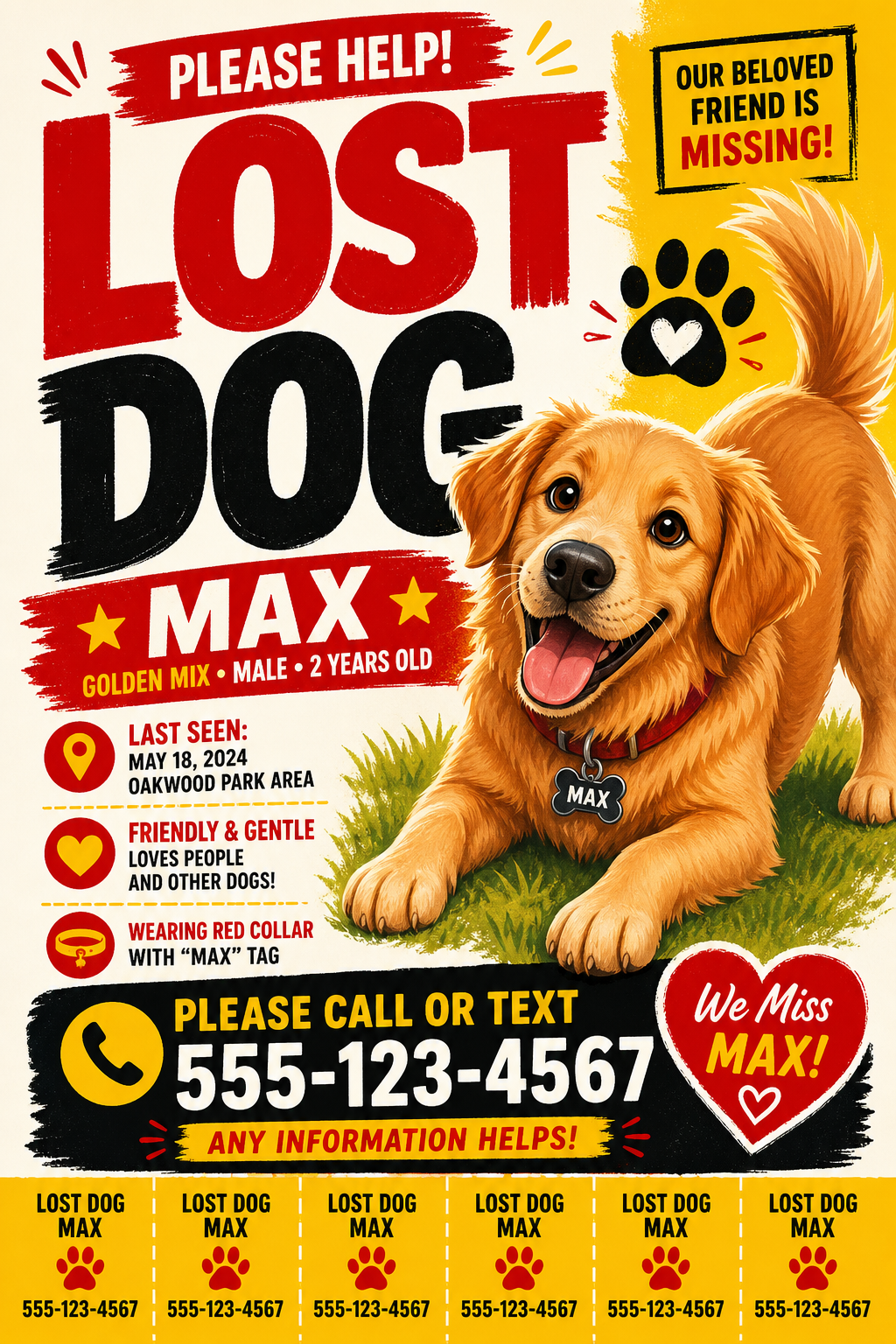 Lost Dog Flyer — vibrant style flyer, featuring friendly dog illustration, playful pose, warm palette