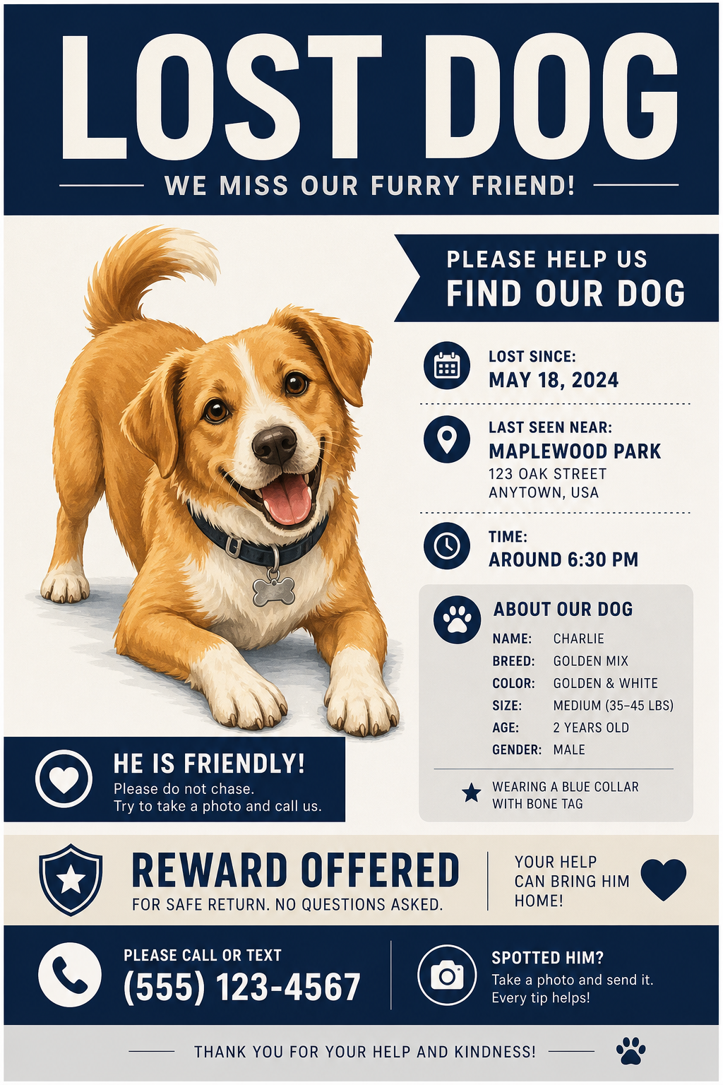 Lost Dog Flyer — corporate style flyer, featuring friendly dog illustration, playful pose, warm palette