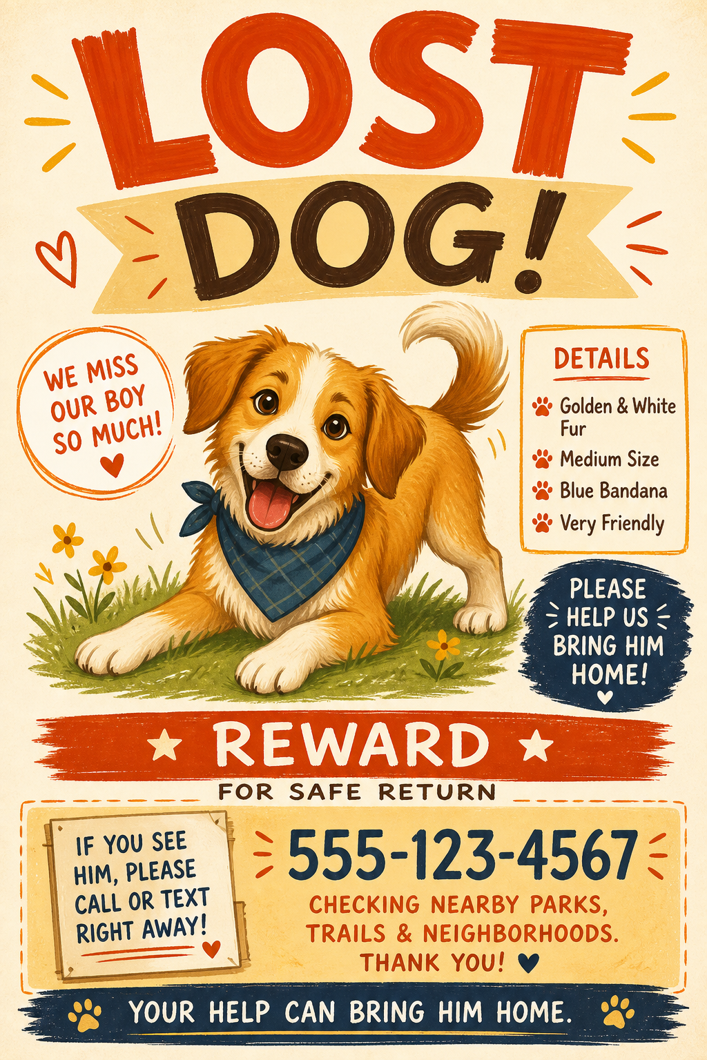 Lost Dog Flyer — illustration style flyer, featuring friendly dog illustration, playful pose, warm palette