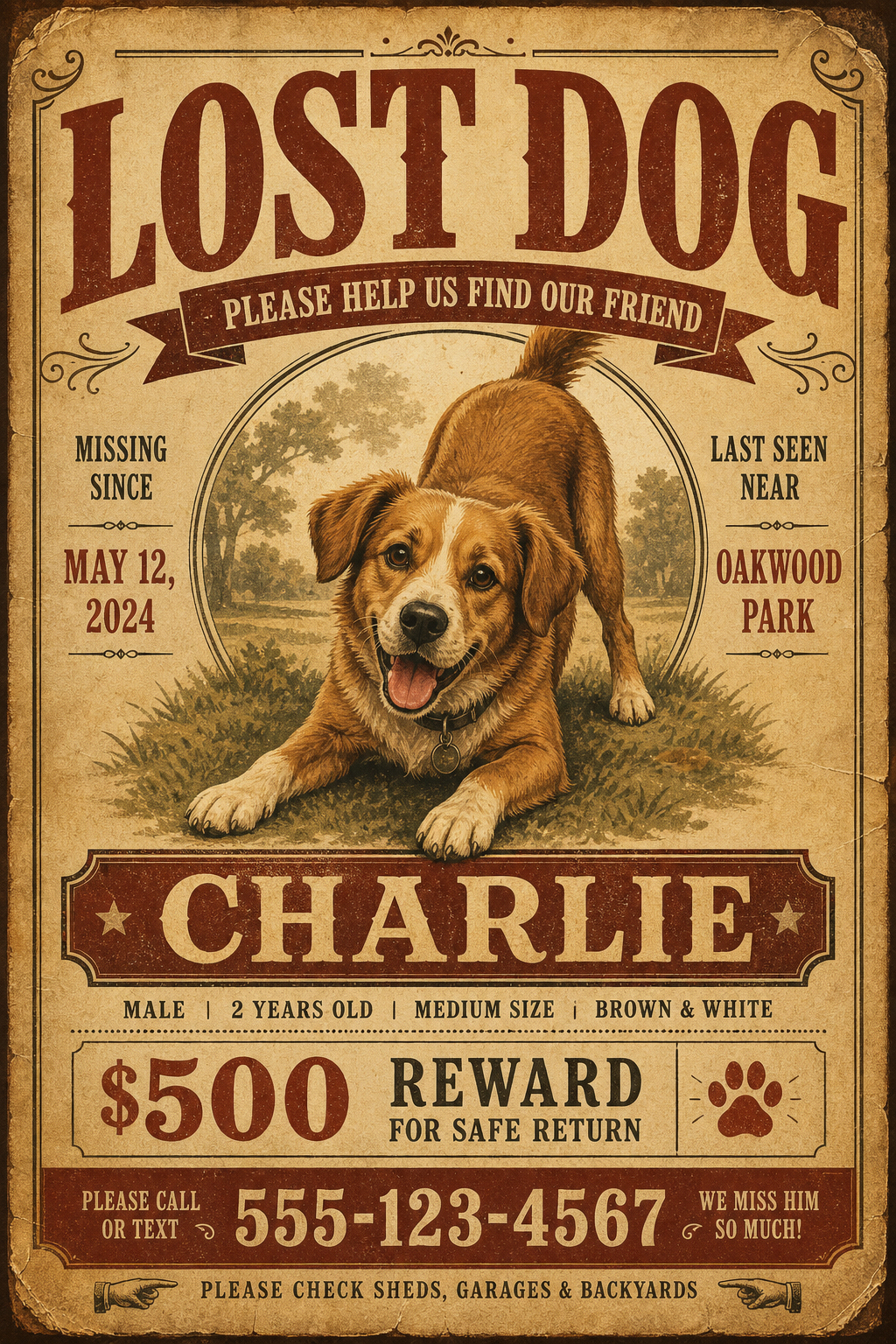 Lost Dog Flyer — vintage style flyer, featuring friendly dog illustration, playful pose, warm palette