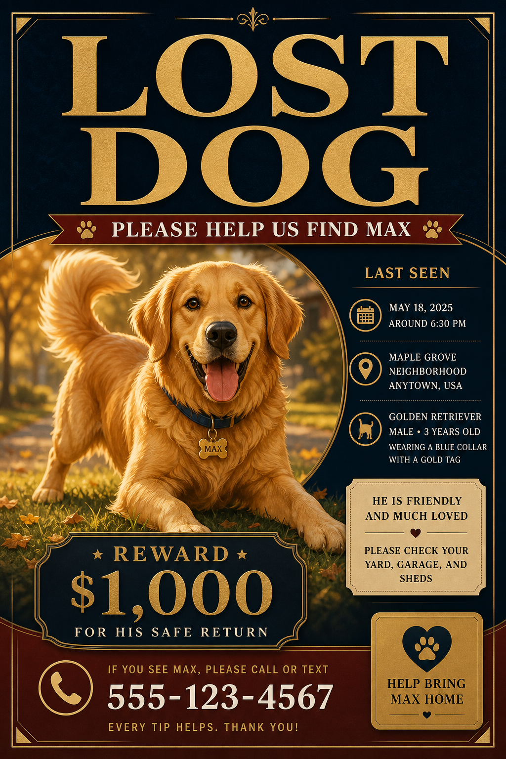 Lost Dog Flyer — elegant style flyer, featuring friendly dog illustration, playful pose, warm palette