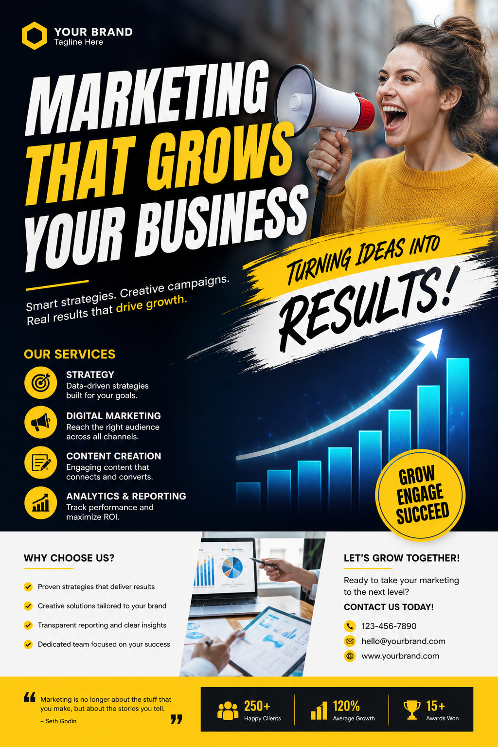Marketing Flyer — photo-realistic style flyer, featuring megaphone, growth charts, dynamic typography, vibrant palette