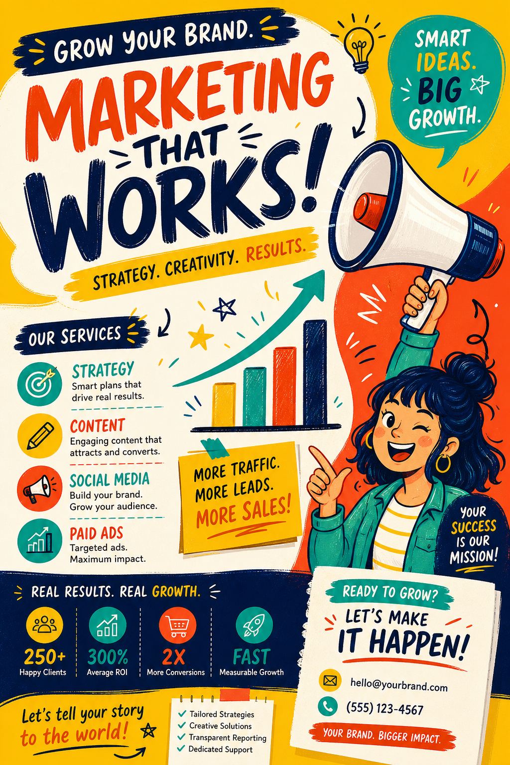 Marketing Flyer — illustration style flyer, featuring megaphone, growth charts, dynamic typography, vibrant palette