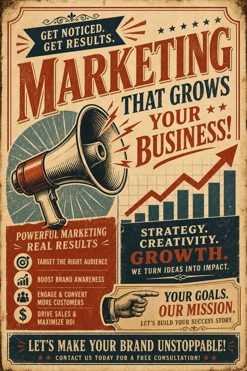 Marketing Flyer — vintage style flyer, featuring megaphone, growth charts, dynamic typography, vibrant palette