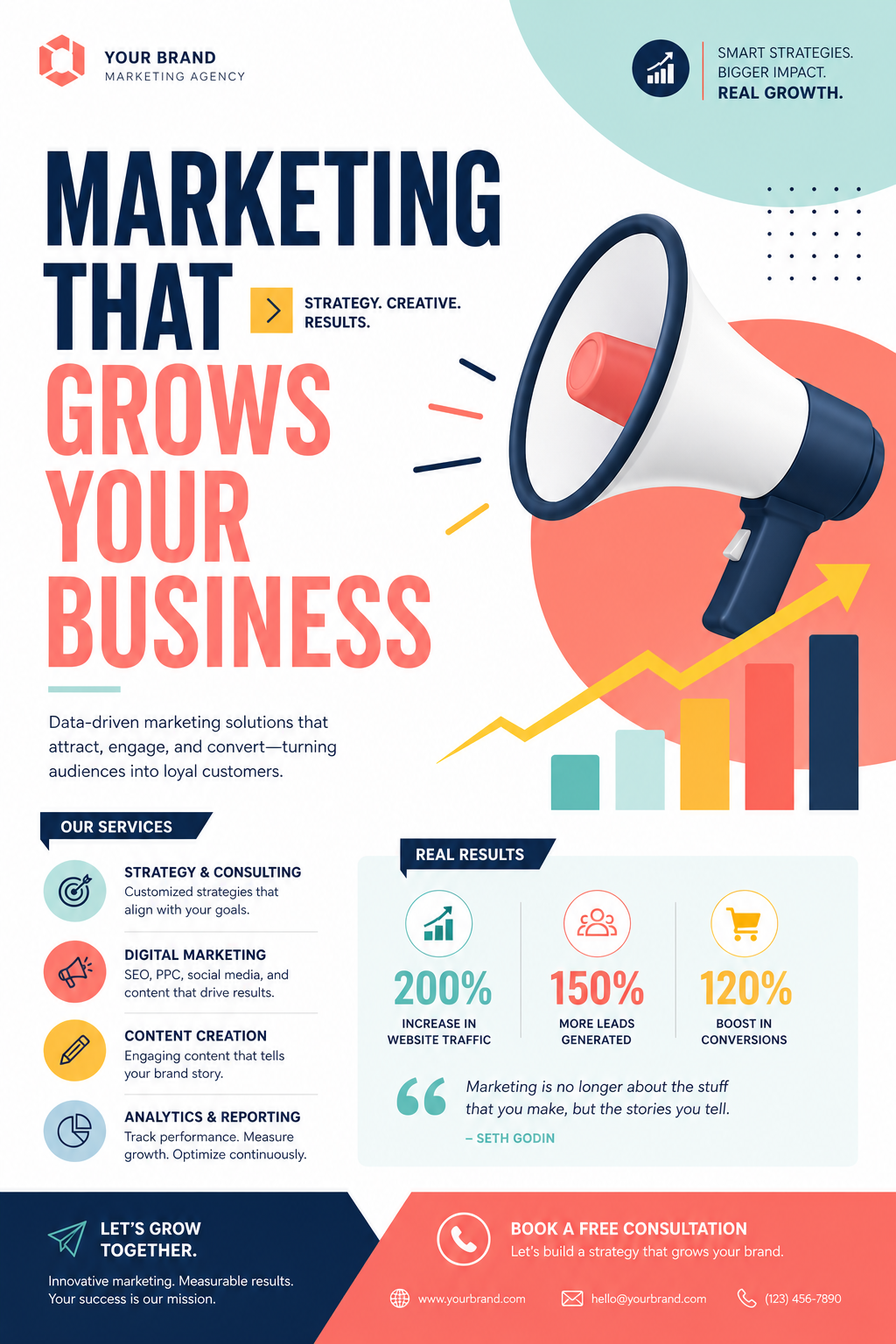 Marketing Flyer — modern style flyer, featuring megaphone, growth charts, dynamic typography, vibrant palette
