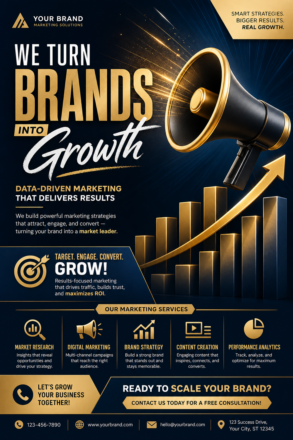Marketing Flyer — elegant style flyer, featuring megaphone, growth charts, dynamic typography, vibrant palette