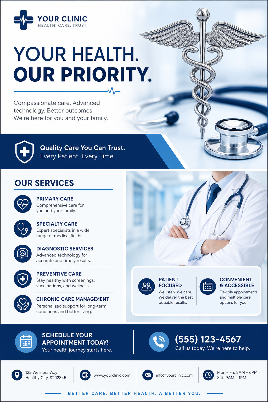 Medical Flyer — corporate style flyer, featuring caduceus, stethoscope, clean white/blue palette, healthcare imagery