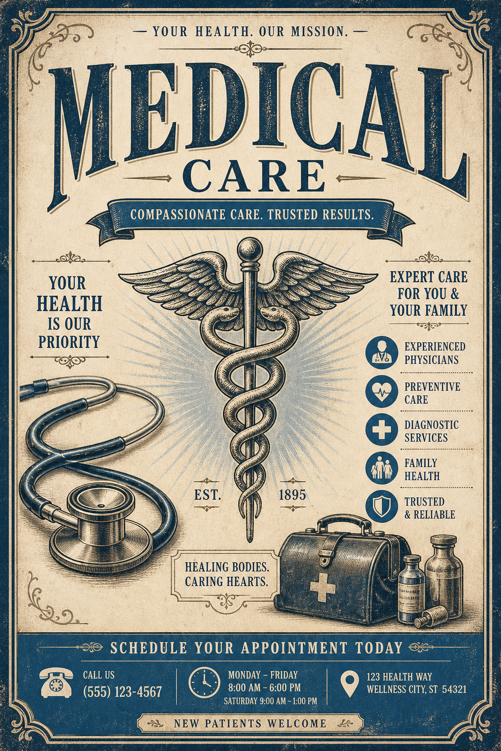 Medical Flyer — vintage style flyer, featuring caduceus, stethoscope, clean white/blue palette, healthcare imagery
