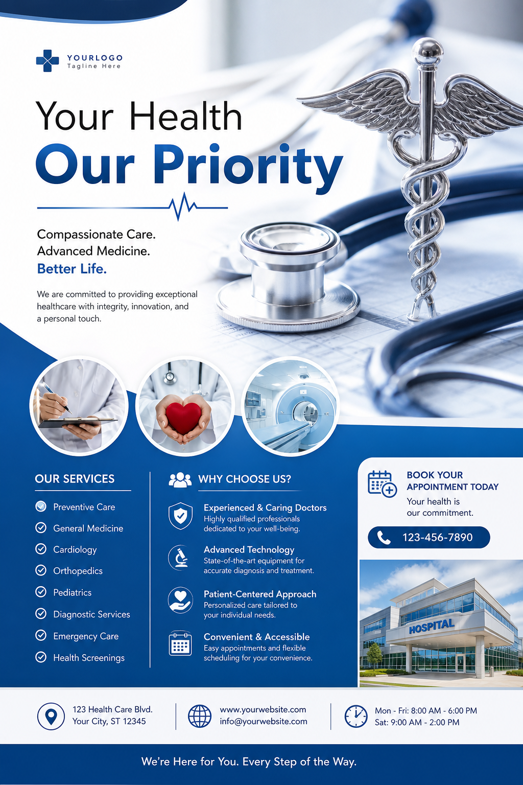 Medical Flyer — photo-realistic style flyer, featuring caduceus, stethoscope, clean white/blue palette, healthcare imagery