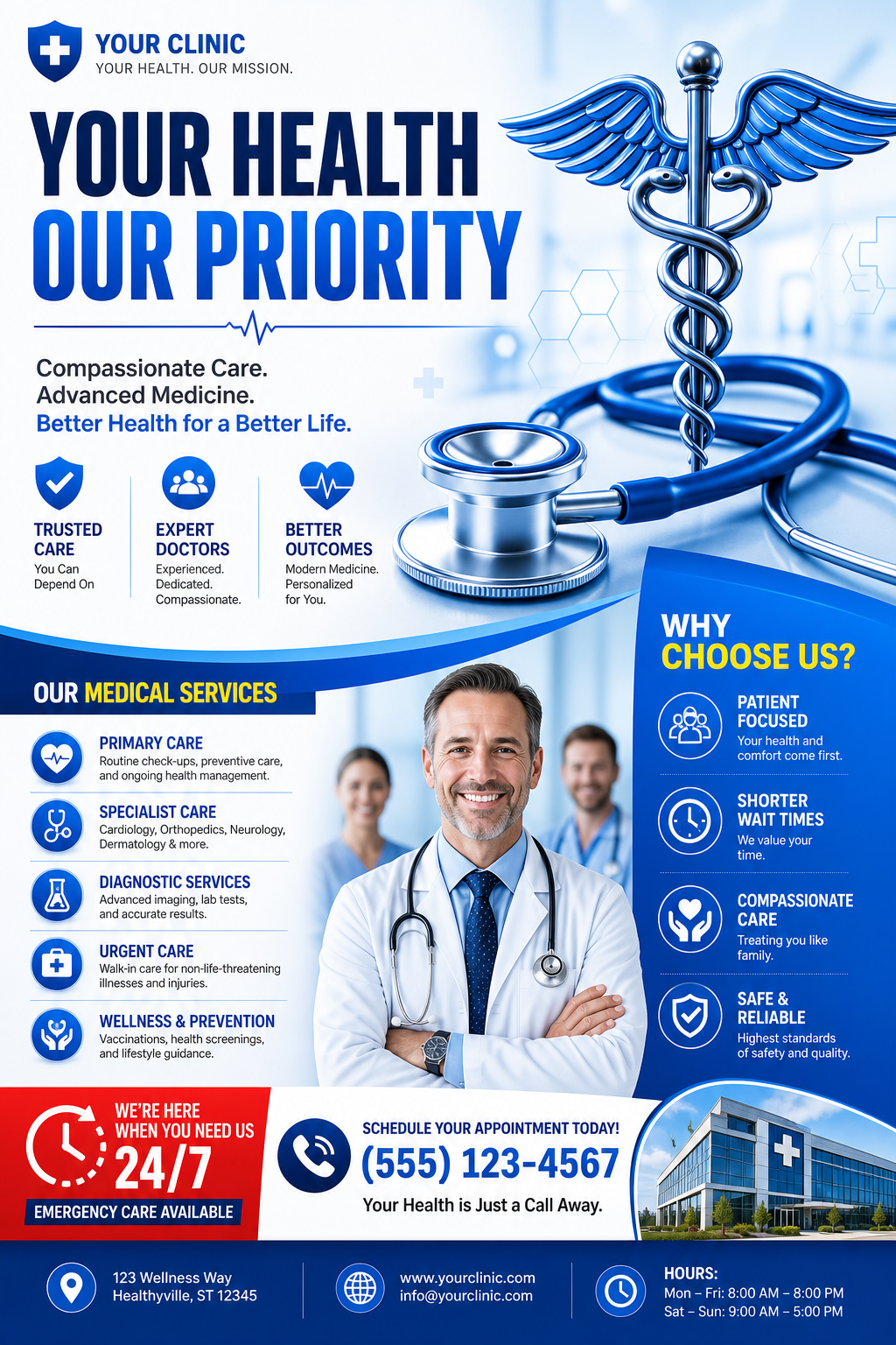 Medical Flyer — vibrant style flyer, featuring caduceus, stethoscope, clean white/blue palette, healthcare imagery