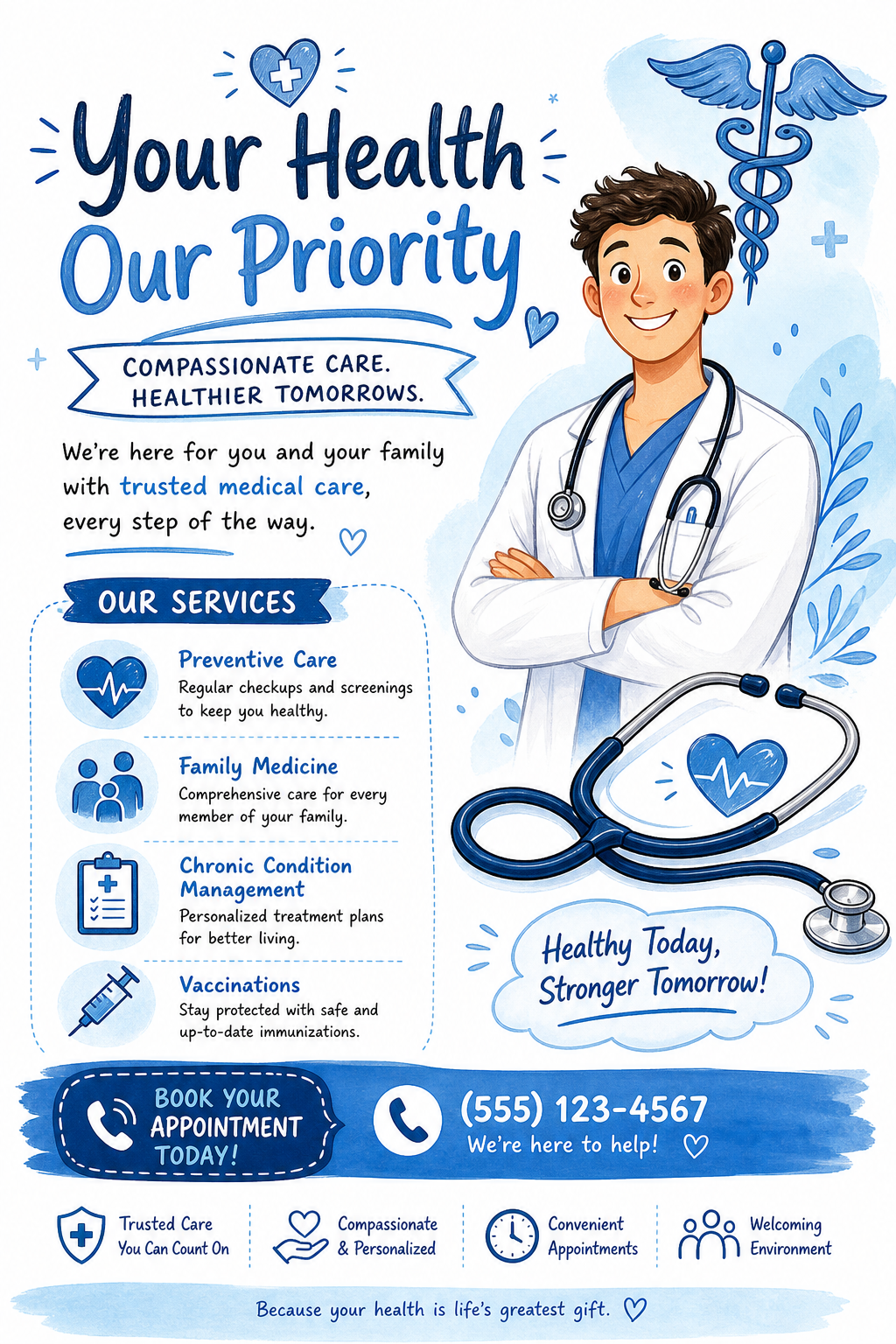 Medical Flyer — illustration style flyer, featuring caduceus, stethoscope, clean white/blue palette, healthcare imagery