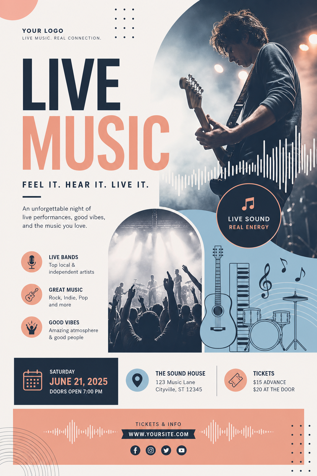 Music Flyer — modern style flyer, featuring musical notes, instruments, sound waves, performance imagery
