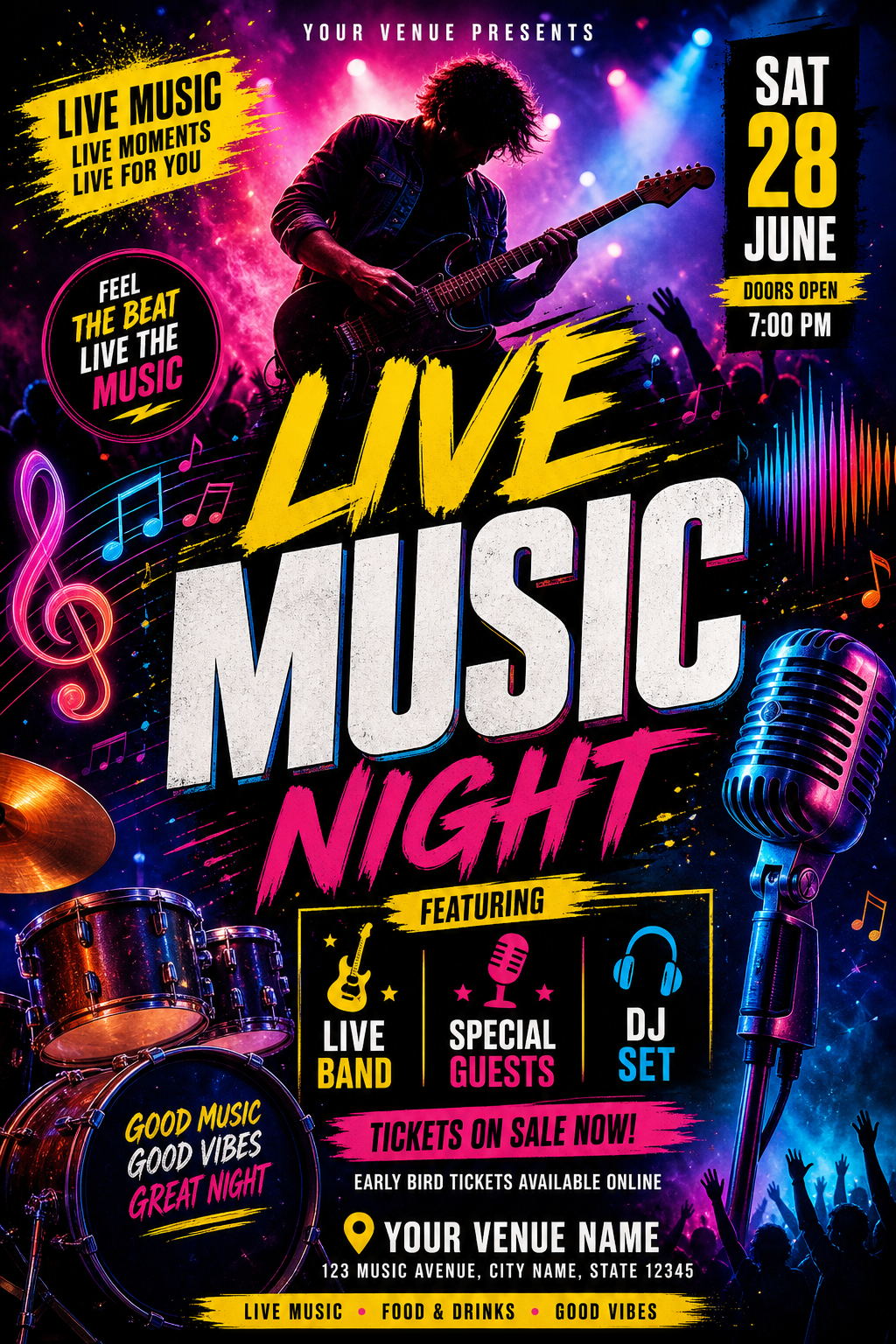 Music Flyer — vibrant style flyer, featuring musical notes, instruments, sound waves, performance imagery