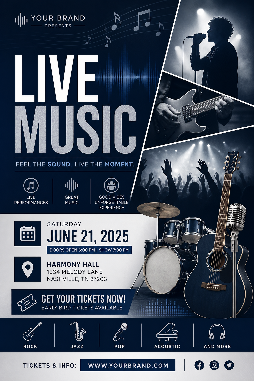 Music Flyer — corporate style flyer, featuring musical notes, instruments, sound waves, performance imagery