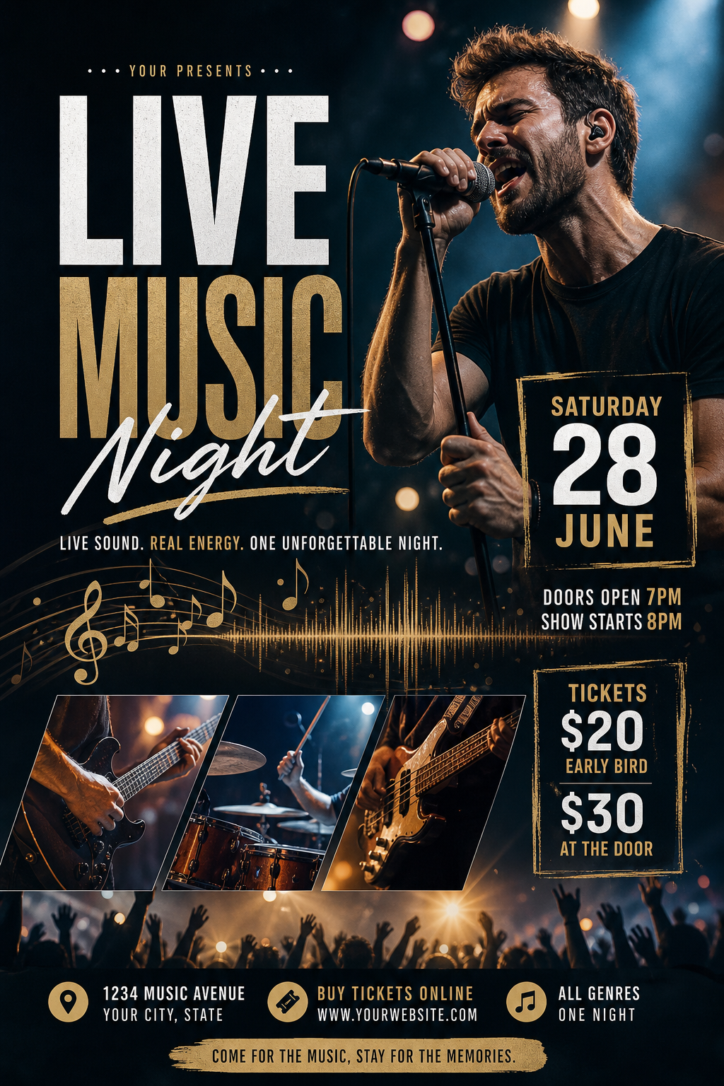 Music Flyer — photo-realistic style flyer, featuring musical notes, instruments, sound waves, performance imagery