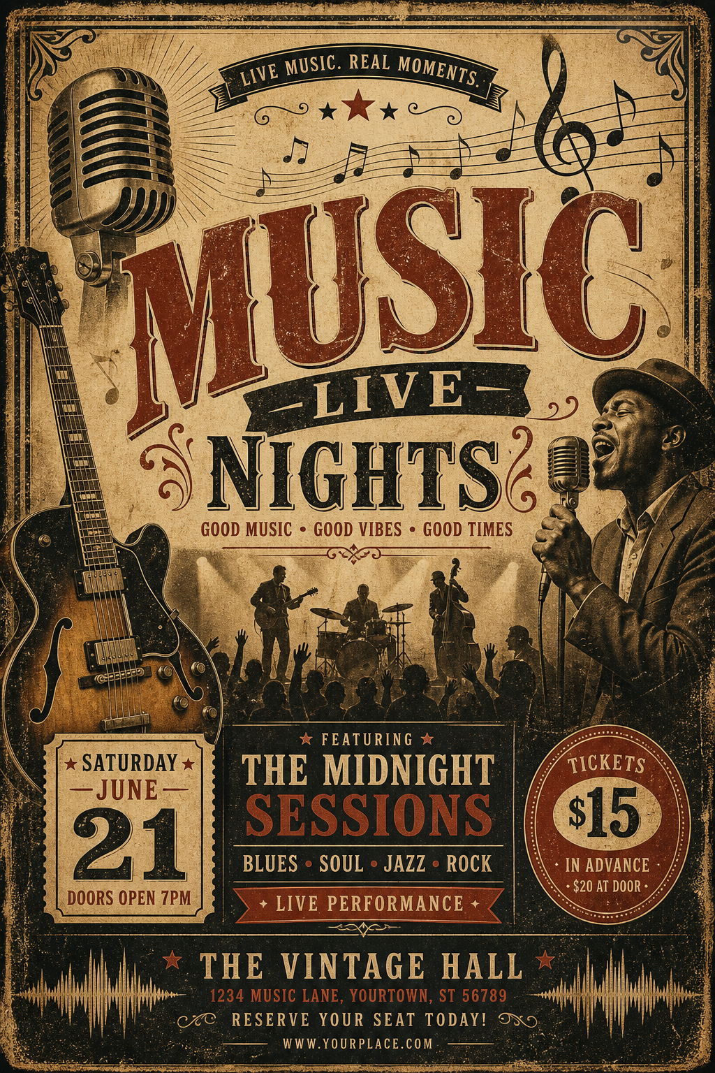 Music Flyer — vintage style flyer, featuring musical notes, instruments, sound waves, performance imagery