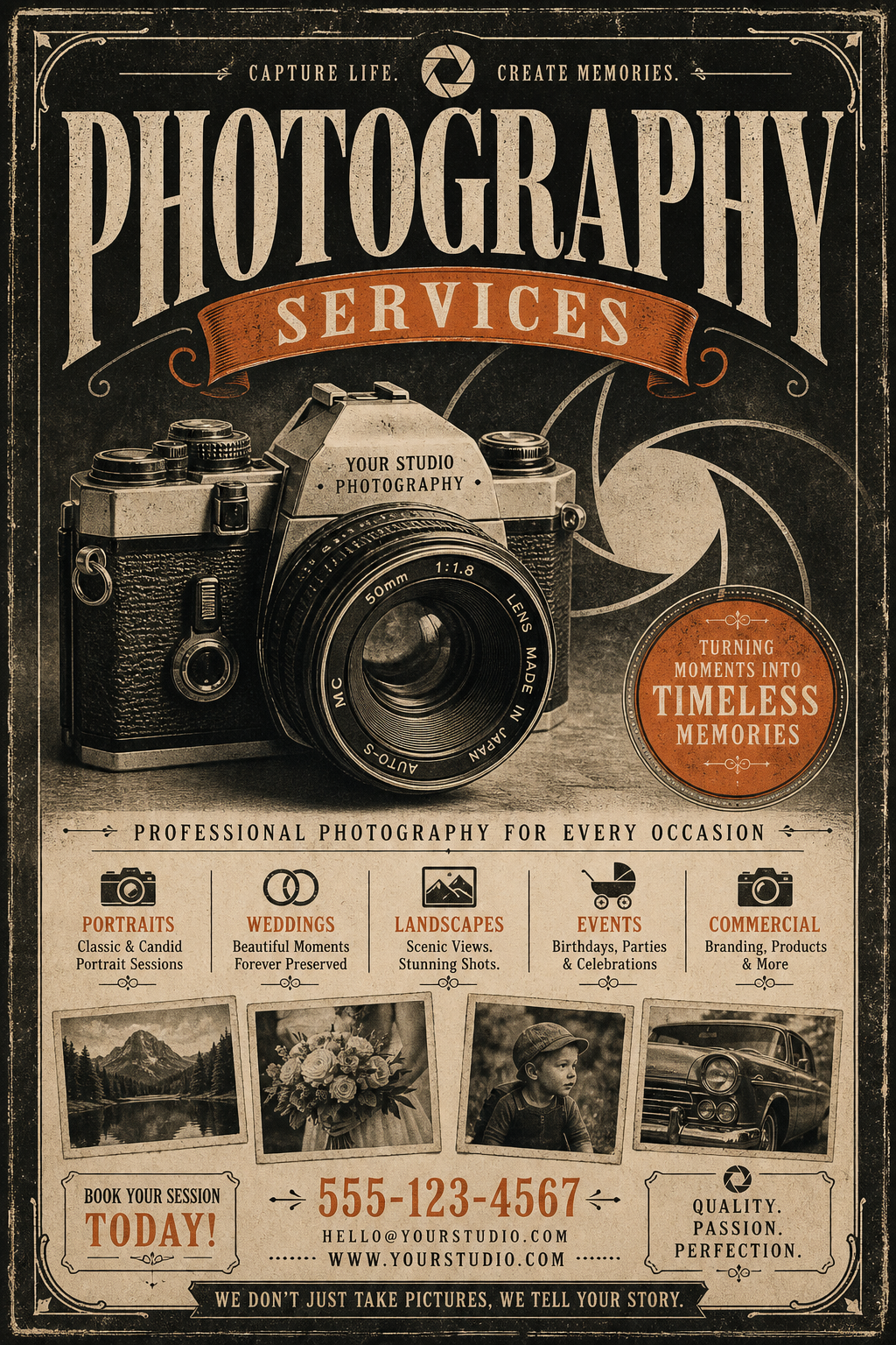 Photography Flyer — vintage style flyer, featuring camera, aperture iris, shutter, monochrome with one accent color