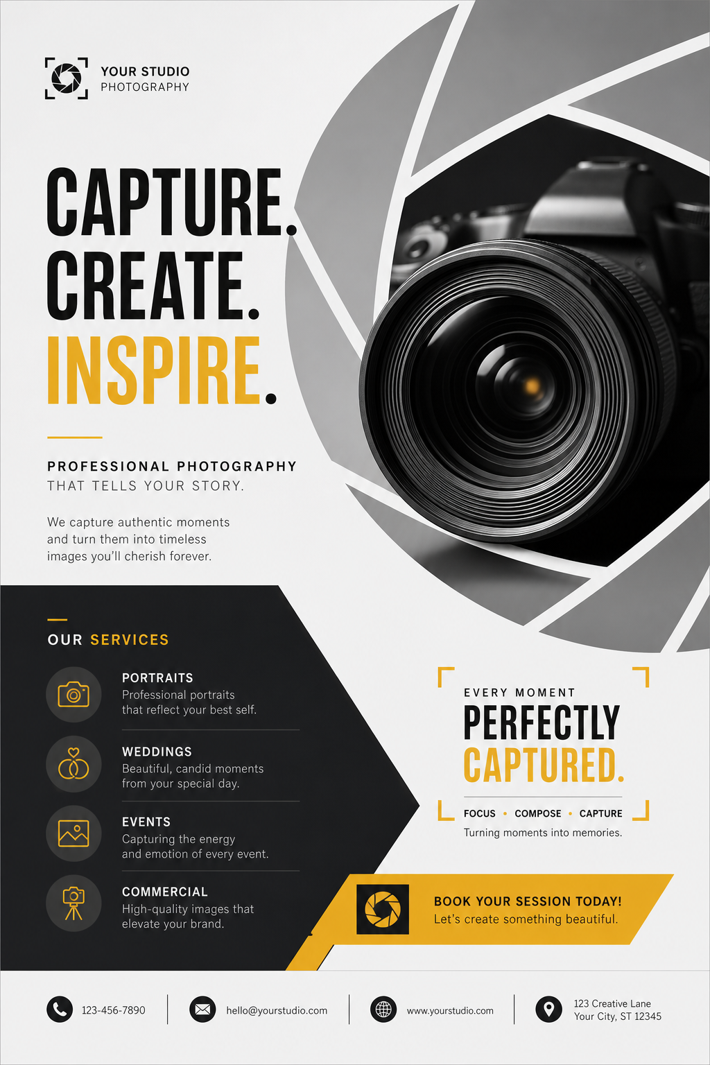 Photography Flyer — modern style flyer, featuring camera, aperture iris, shutter, monochrome with one accent color