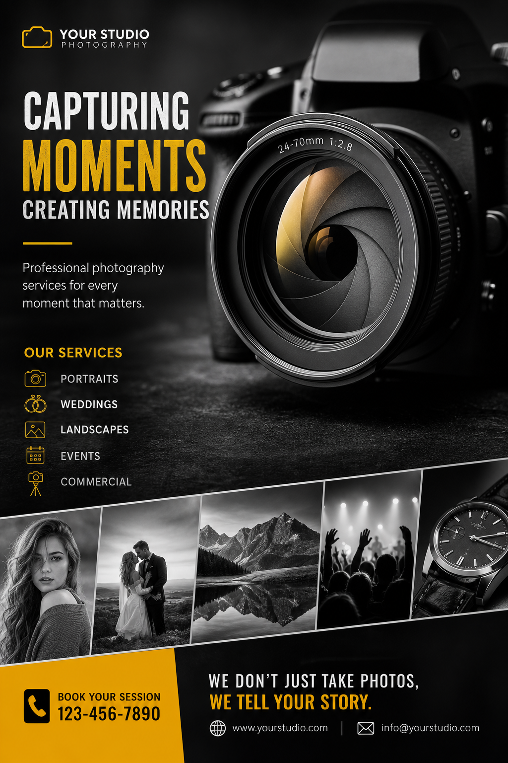 Photography Flyer — photo-realistic style flyer, featuring camera, aperture iris, shutter, monochrome with one accent color