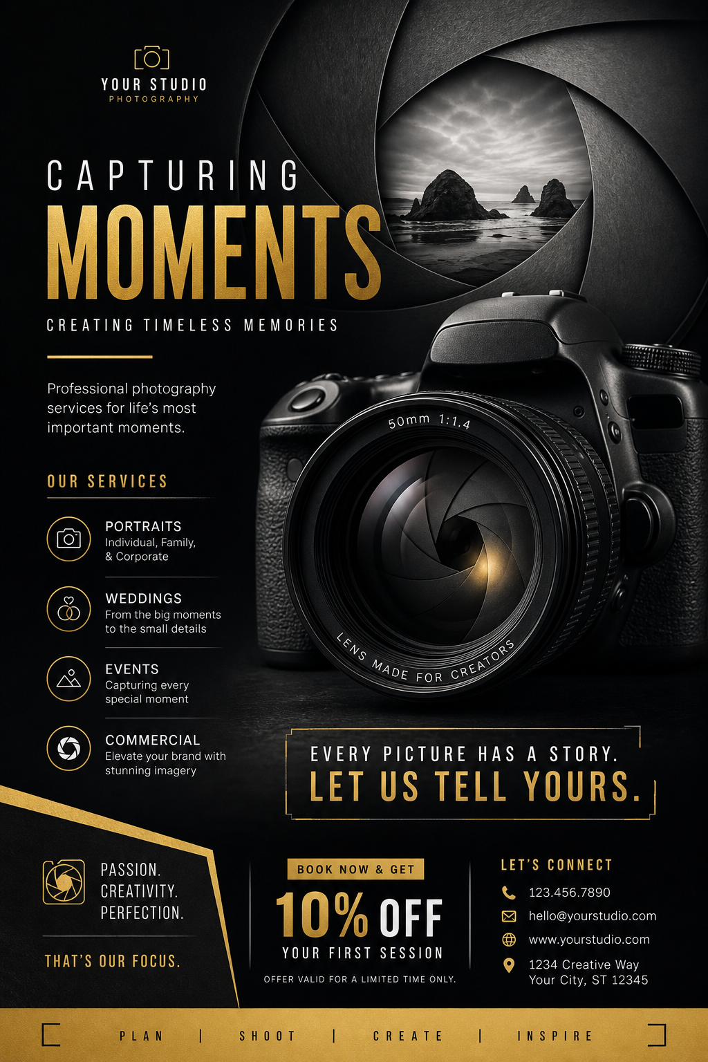 Photography Flyer — elegant style flyer, featuring camera, aperture iris, shutter, monochrome with one accent color
