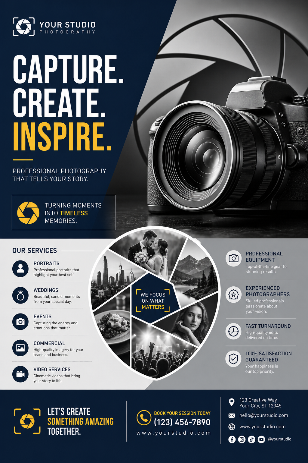 Photography Flyer — corporate style flyer, featuring camera, aperture iris, shutter, monochrome with one accent color