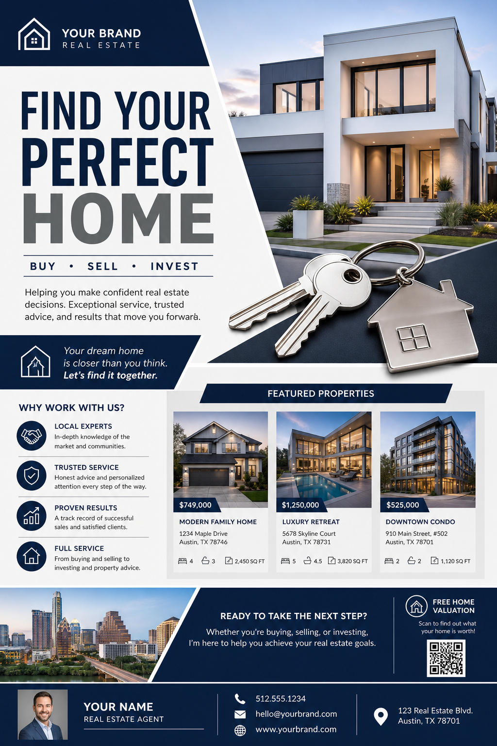 Real Estate Flyer — corporate style flyer, featuring houses, keys, modern architecture, navy and grey palette, professional