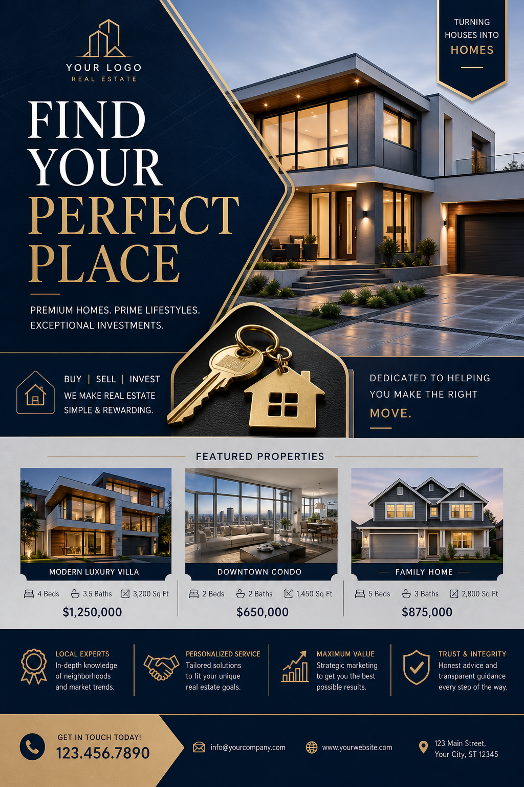 Real Estate Flyer — elegant style flyer, featuring houses, keys, modern architecture, navy and grey palette, professional