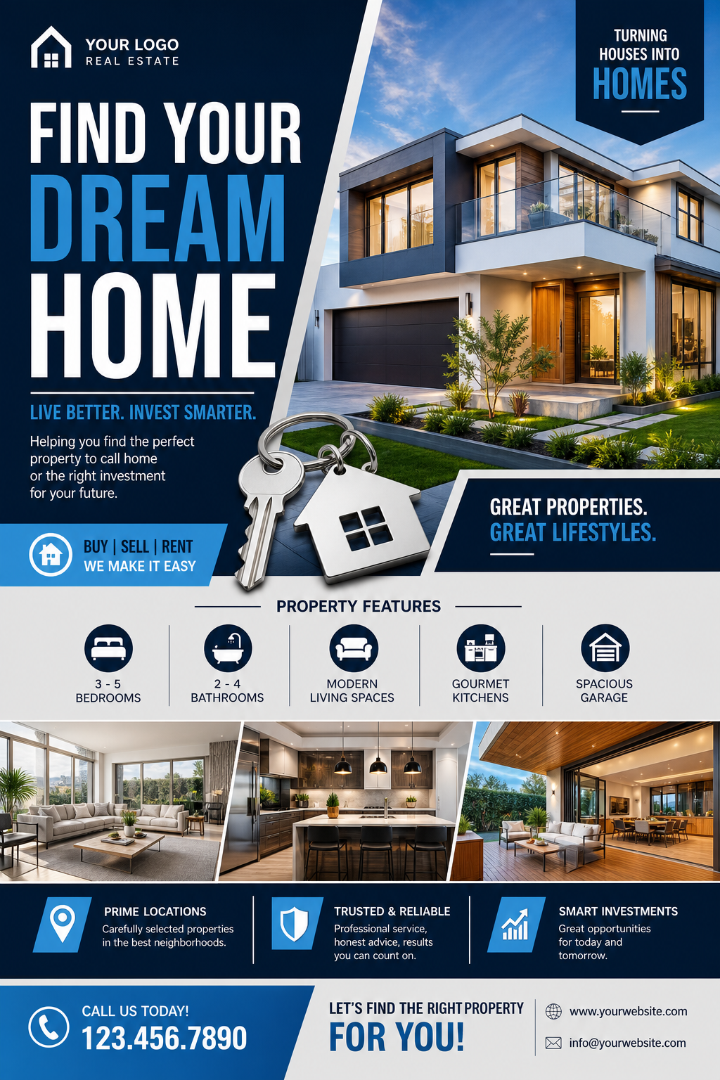 Real Estate Flyer — vibrant style flyer, featuring houses, keys, modern architecture, navy and grey palette, professional