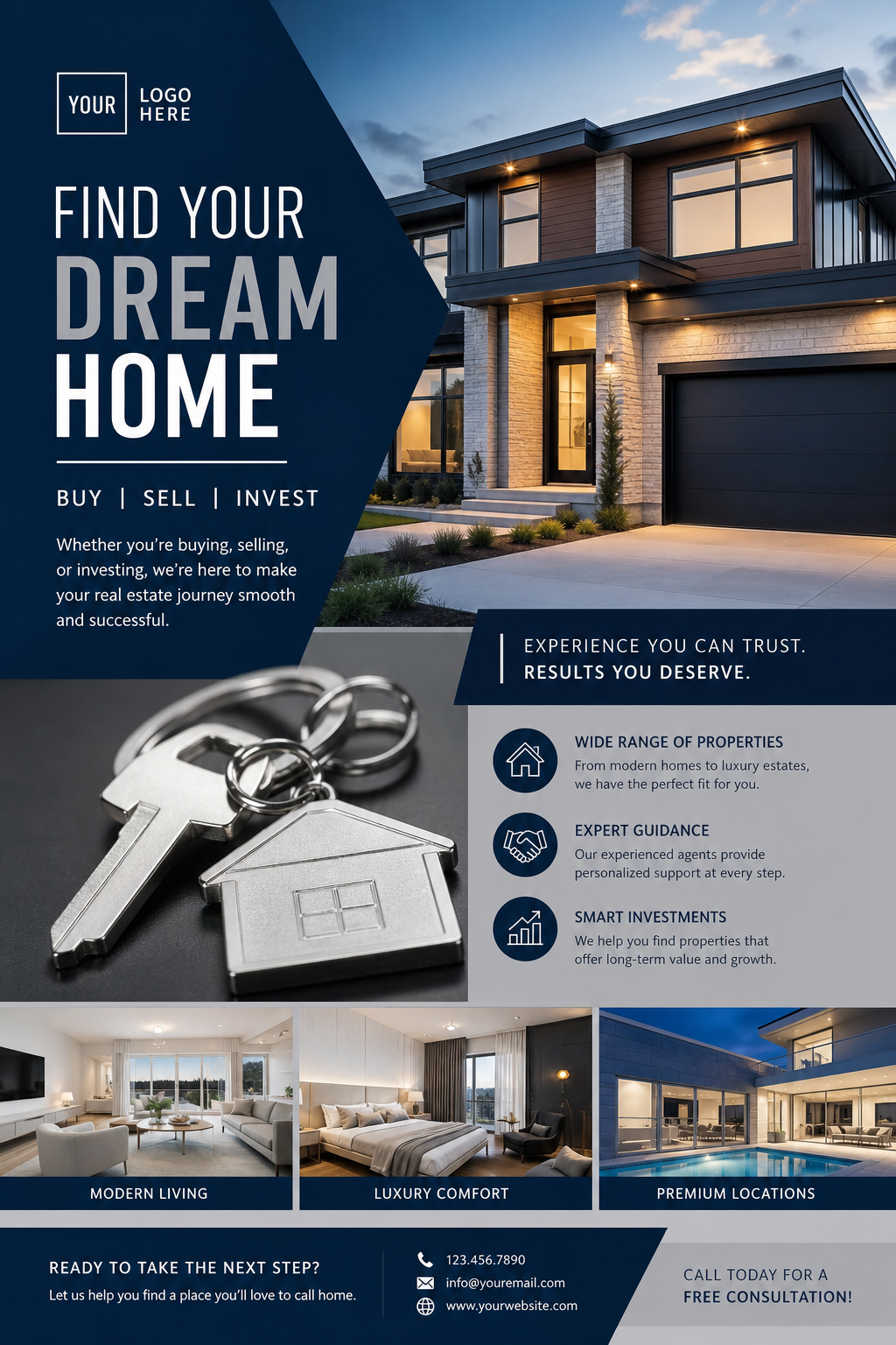 Real Estate Flyer — photo-realistic style flyer, featuring houses, keys, modern architecture, navy and grey palette, professional