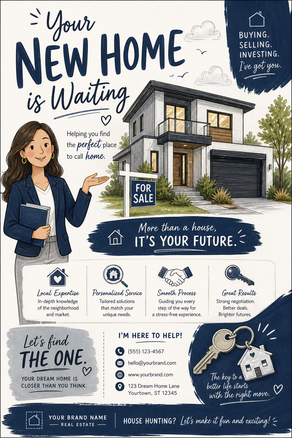Real Estate Flyer — illustration style flyer, featuring houses, keys, modern architecture, navy and grey palette, professional