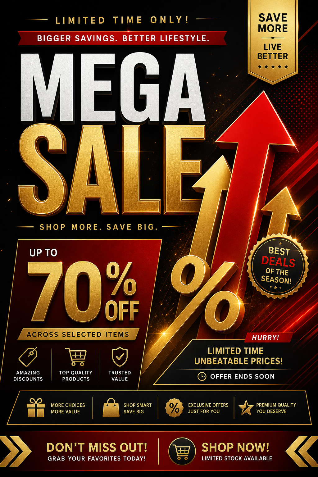 Sales Flyer — elegant style flyer, featuring growth arrows, percentage symbols, bold sale typography, red/yellow accents