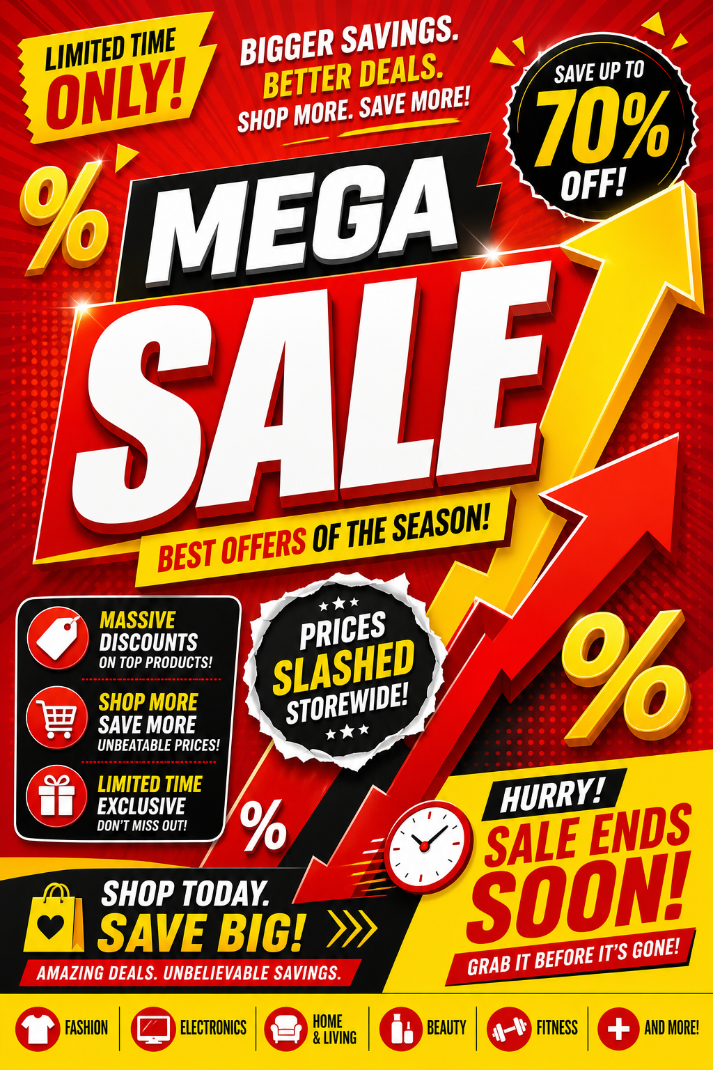Sales Flyer — vibrant style flyer, featuring growth arrows, percentage symbols, bold sale typography, red/yellow accents