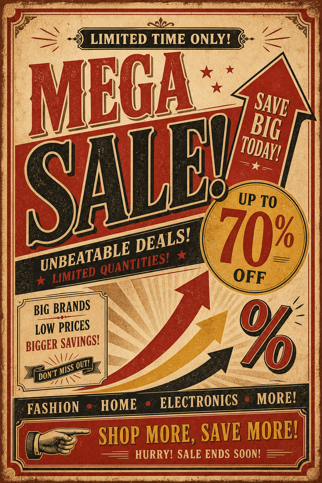 Sales Flyer — vintage style flyer, featuring growth arrows, percentage symbols, bold sale typography, red/yellow accents