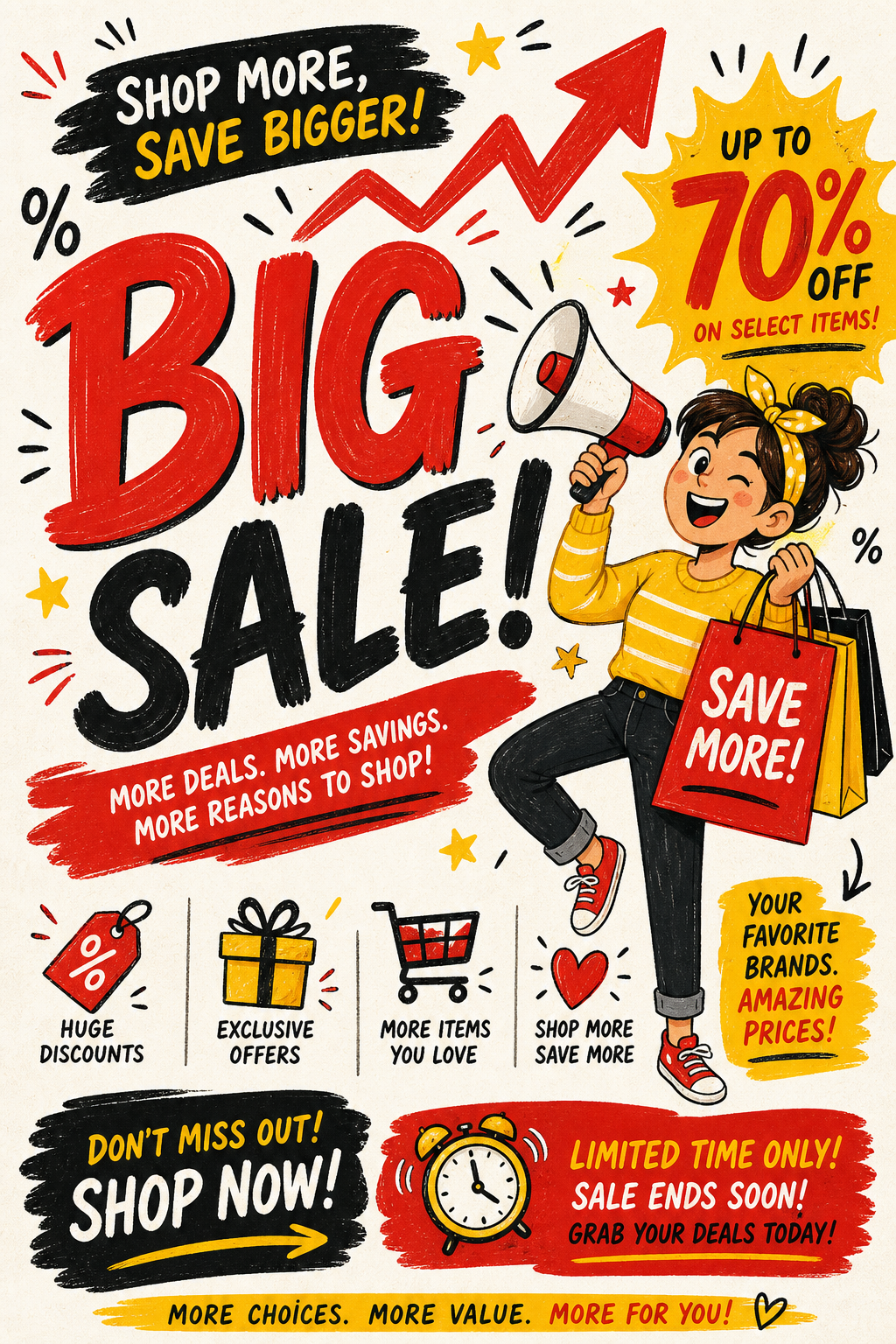Sales Flyer — illustration style flyer, featuring growth arrows, percentage symbols, bold sale typography, red/yellow accents