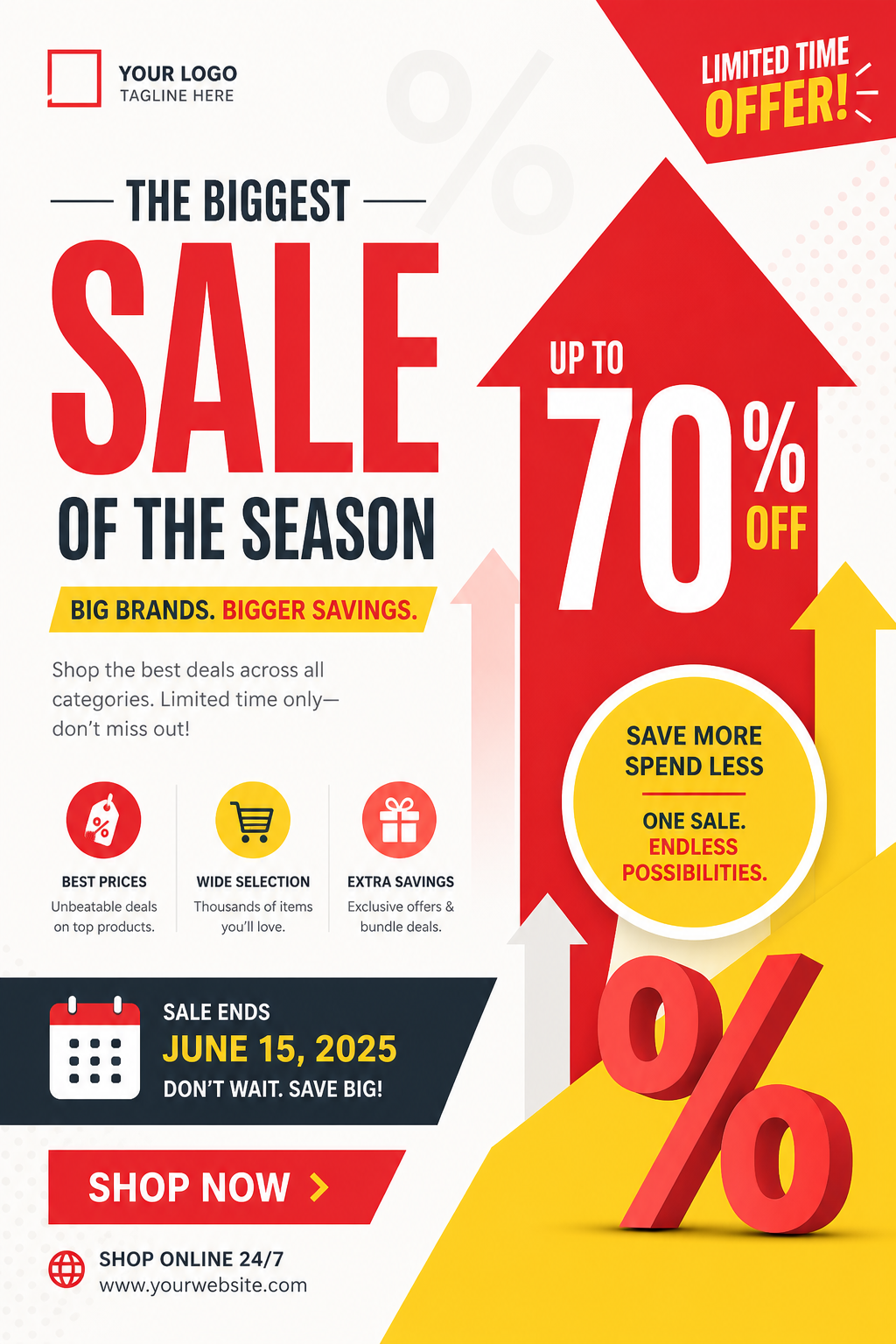 Sales Flyer — modern style flyer, featuring growth arrows, percentage symbols, bold sale typography, red/yellow accents