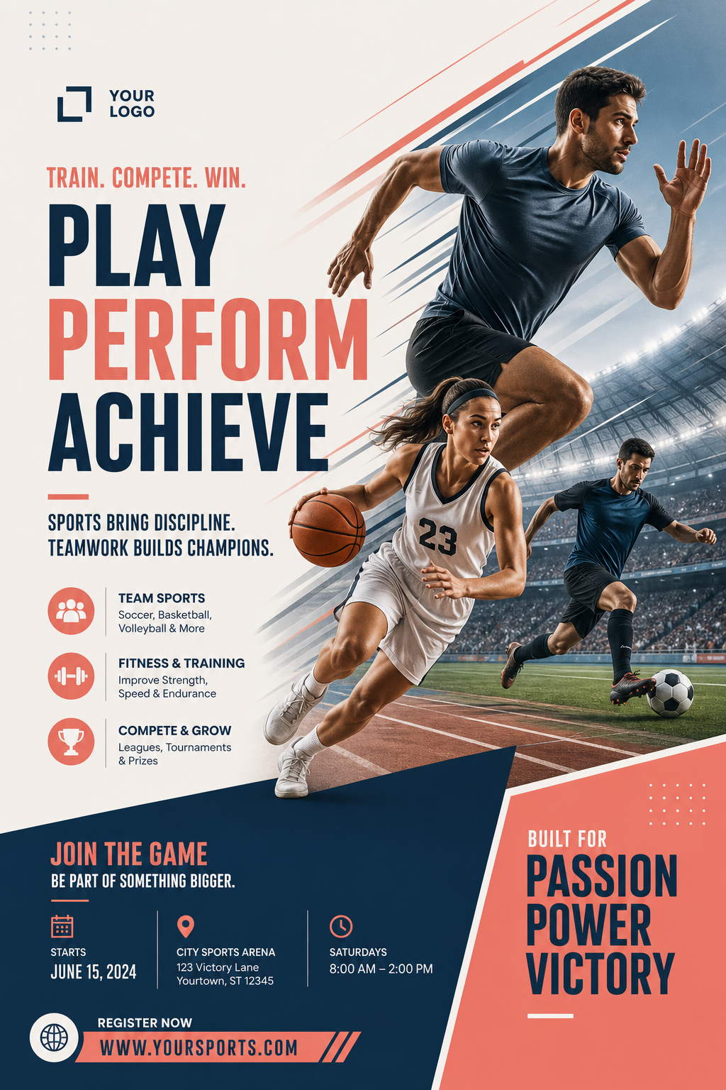 Sports Flyer — modern style flyer, featuring athletic action poses, stadium imagery, dynamic motion lines