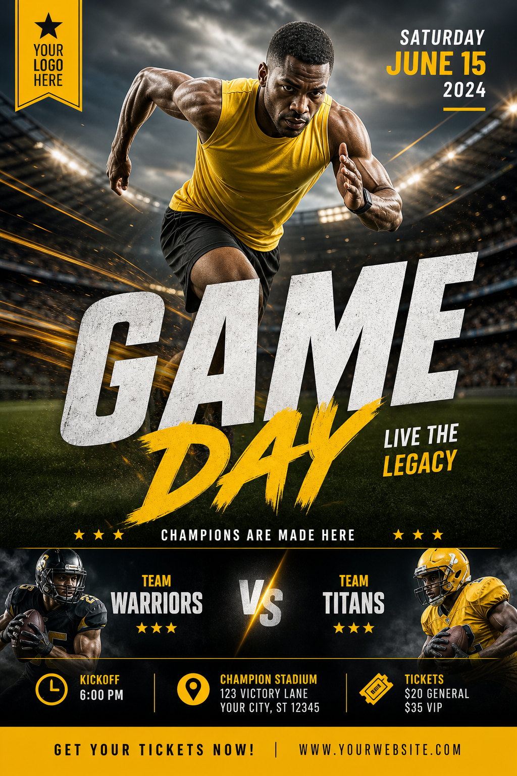 Sports Flyer — photo-realistic style flyer, featuring athletic action poses, stadium imagery, dynamic motion lines