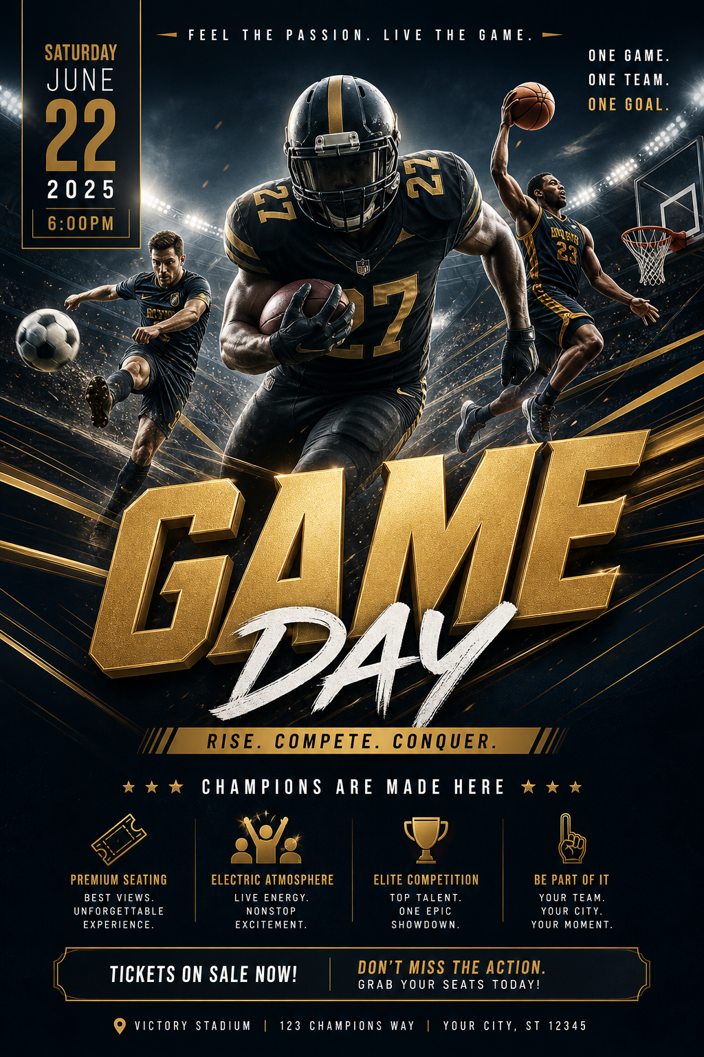 Sports Flyer — elegant style flyer, featuring athletic action poses, stadium imagery, dynamic motion lines