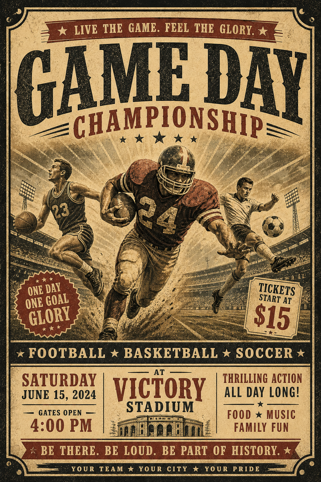 Sports Flyer — vintage style flyer, featuring athletic action poses, stadium imagery, dynamic motion lines