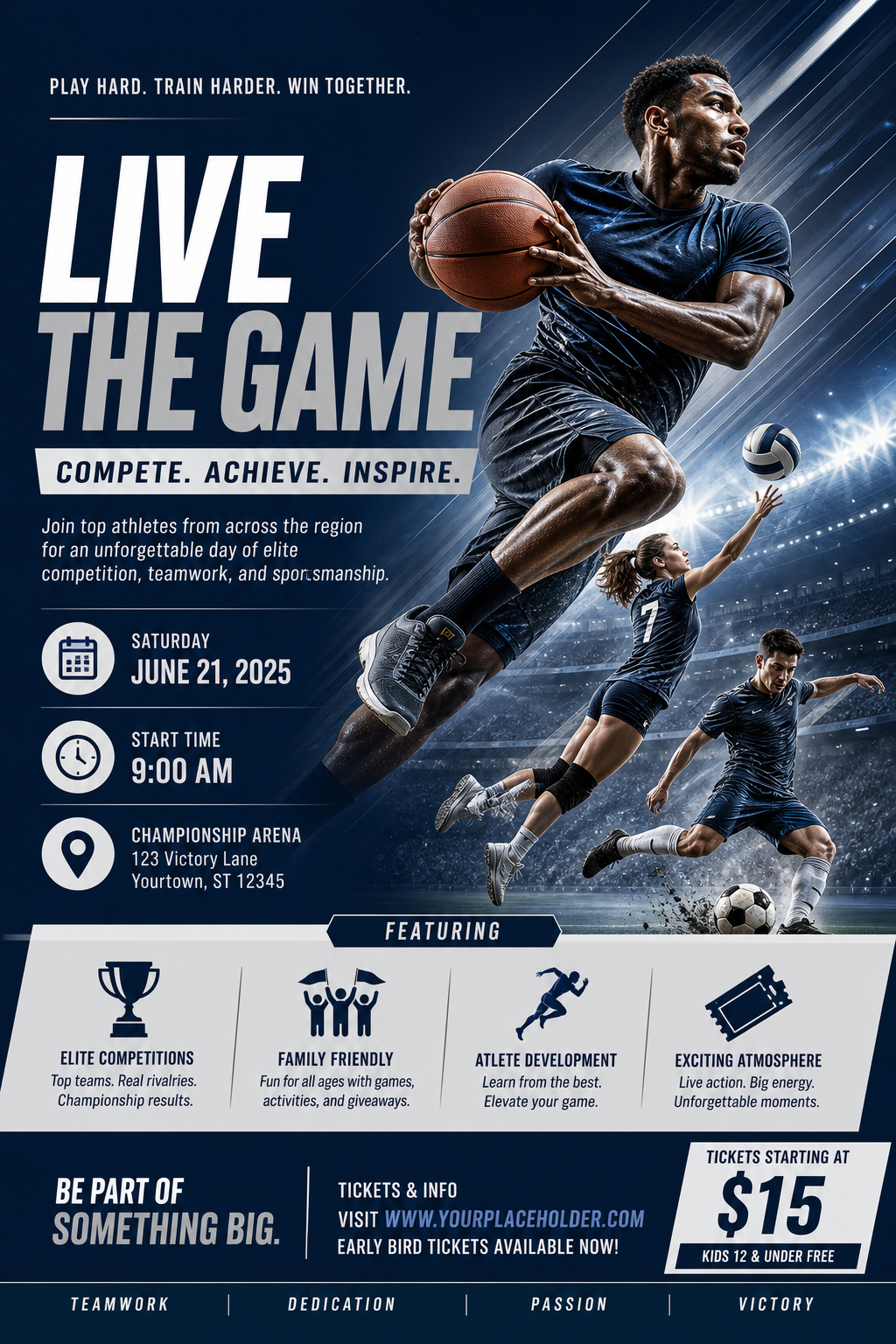 Sports Flyer — corporate style flyer, featuring athletic action poses, stadium imagery, dynamic motion lines