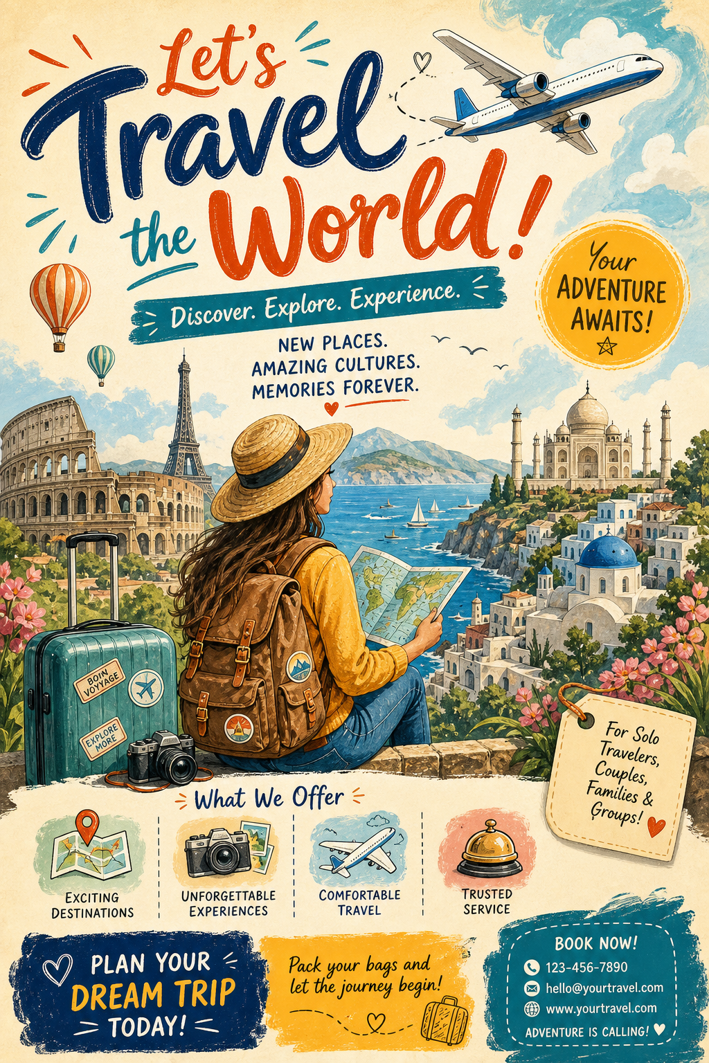 Travel &amp; Tourism Flyer — illustration style flyer, featuring landmarks, suitcase, plane, scenic vistas