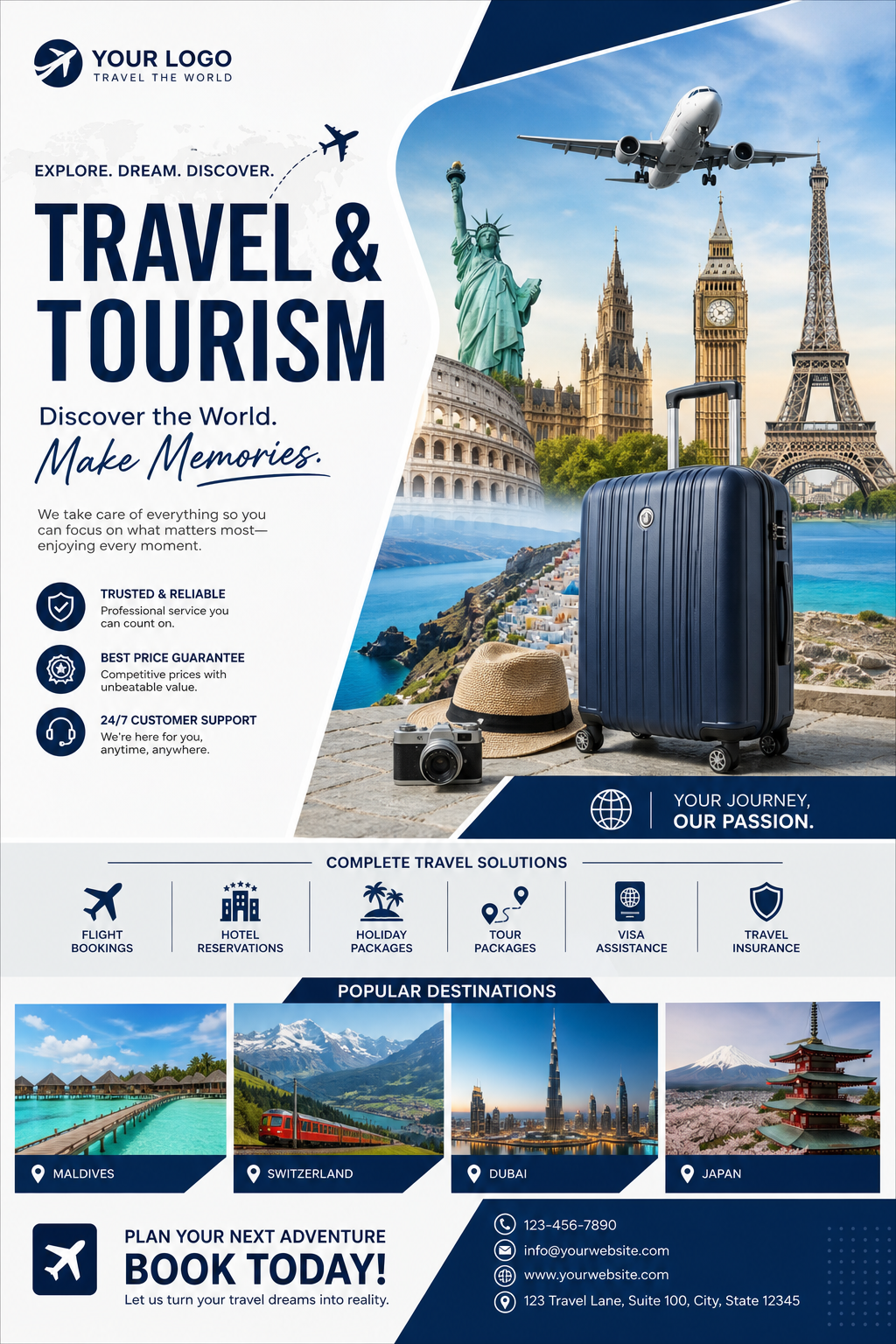 Travel &amp; Tourism Flyer — corporate style flyer, featuring landmarks, suitcase, plane, scenic vistas