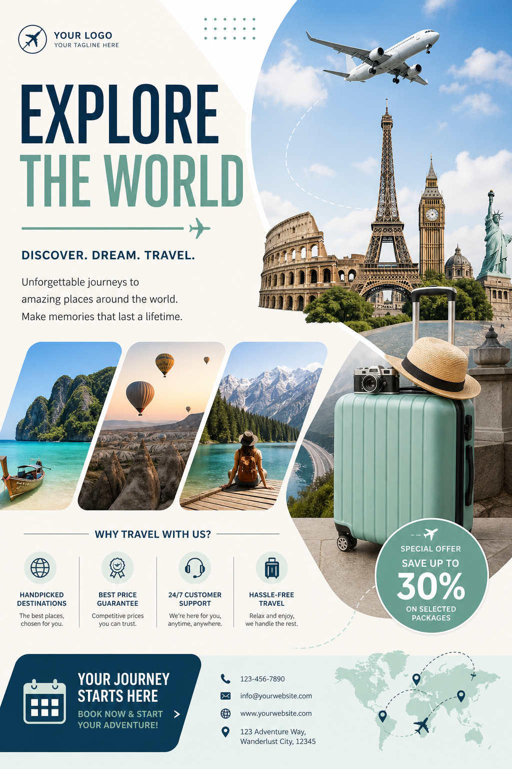 Travel &amp; Tourism Flyer — modern style flyer, featuring landmarks, suitcase, plane, scenic vistas