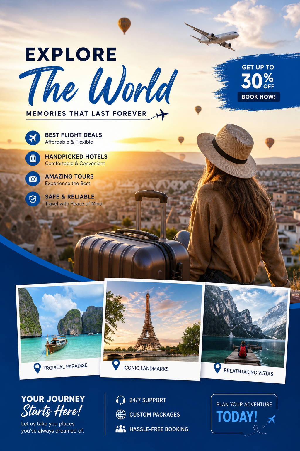 Travel &amp; Tourism Flyer — photo-realistic style flyer, featuring landmarks, suitcase, plane, scenic vistas