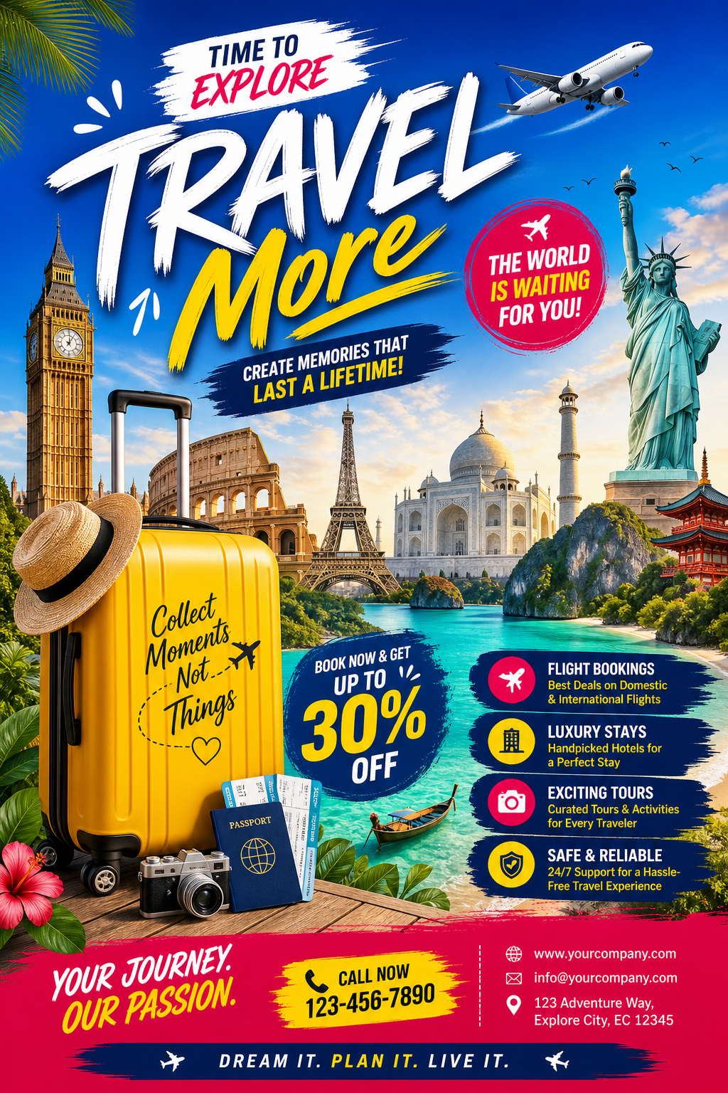 Travel &amp; Tourism Flyer — vibrant style flyer, featuring landmarks, suitcase, plane, scenic vistas
