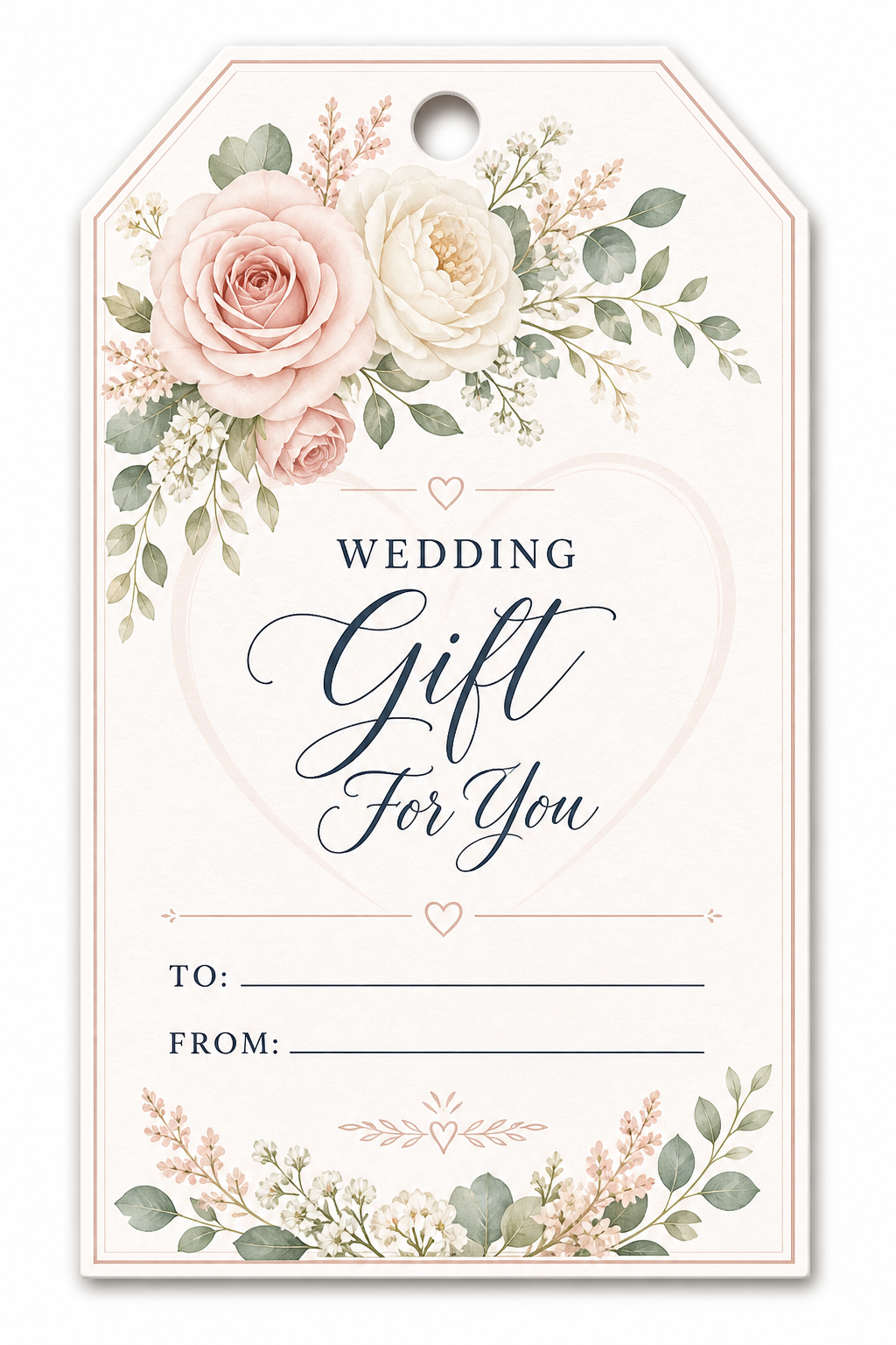 Wedding Gift Tag — corporate style gift tag, featuring romantic floral arrangements, soft pastels (blush, ivory, sage), elegant calligraphy